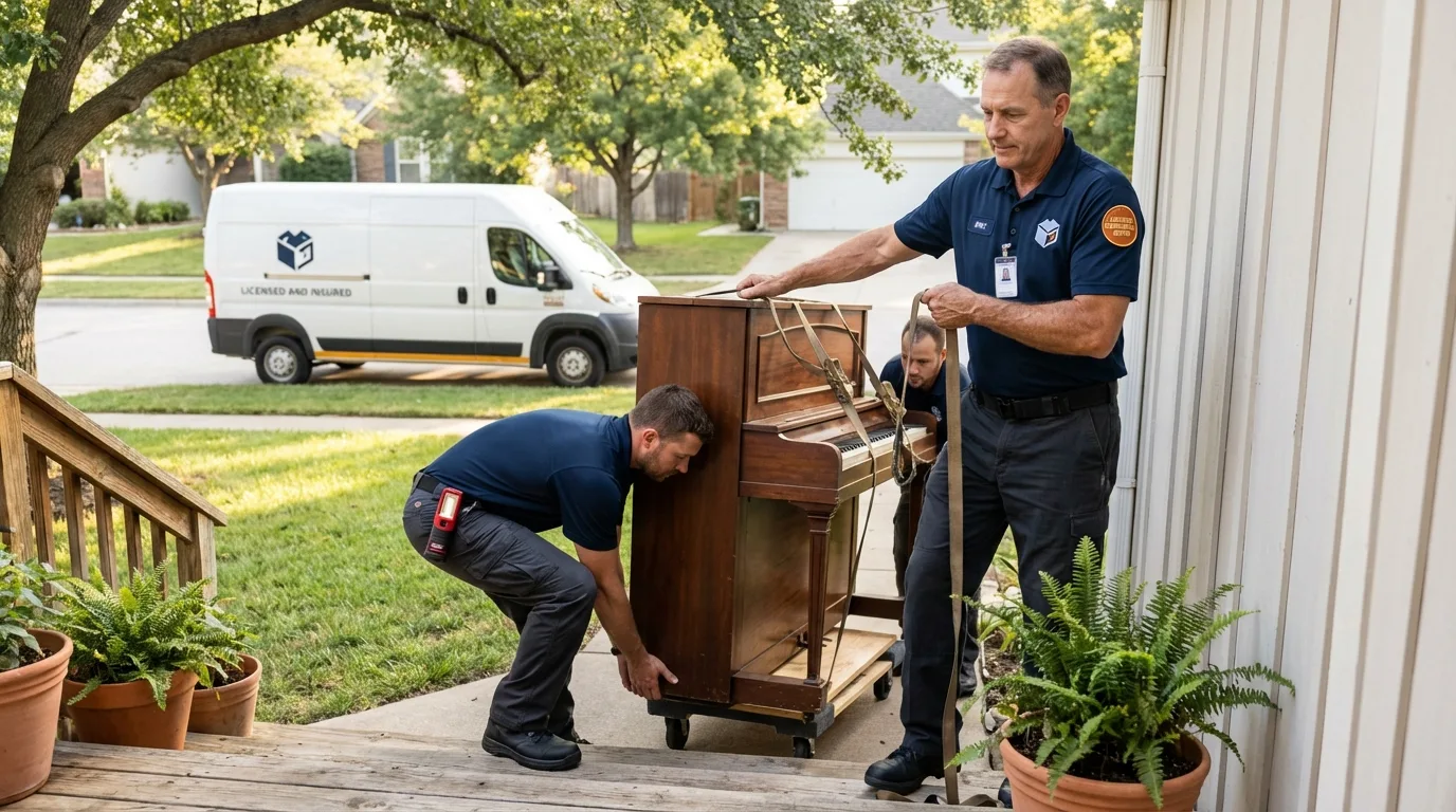 Licensed piano movers securing grand piano in Verona, KY